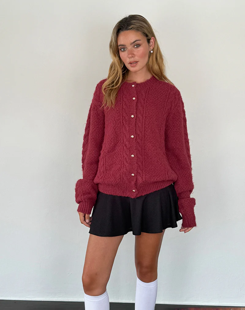 Aceso Cardigan in Brush Knit Burgundy - Image 3