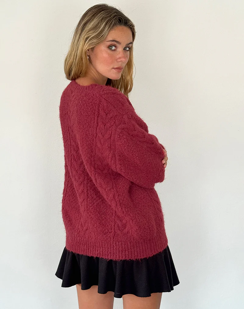 Aceso Cardigan in Brush Knit Burgundy - Image 4