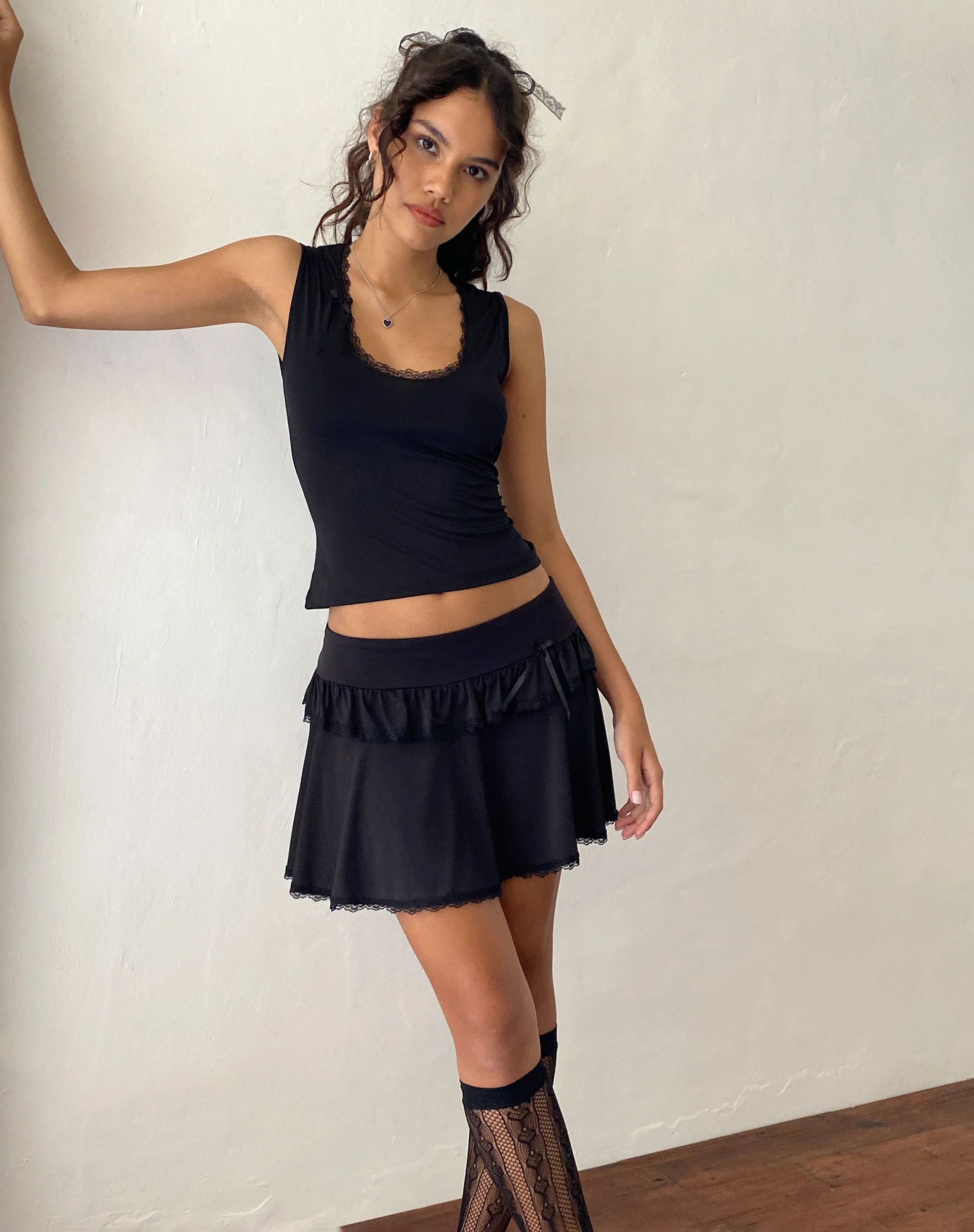 Addalyn Lace Trim Mini Skirt in Black - Image 4