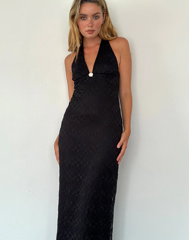 Atma Halterneck Maxi Dress in Canina Lace Black - Image 4