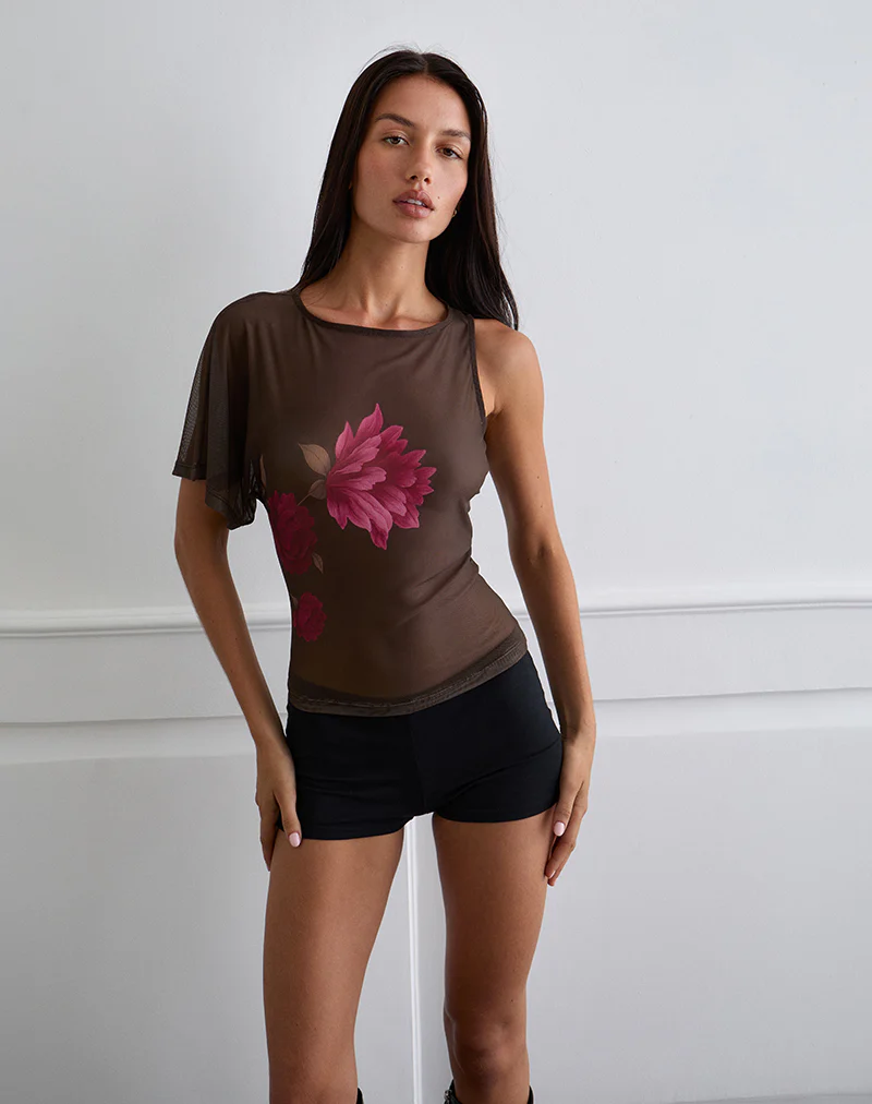 Balsa One Shoulder Top in Brown with Pink Flower Print - Image 4