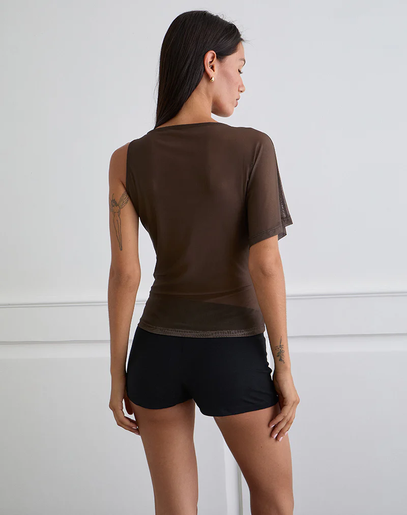 Balsa One Shoulder Top in Brown with Pink Flower Print - Image 5