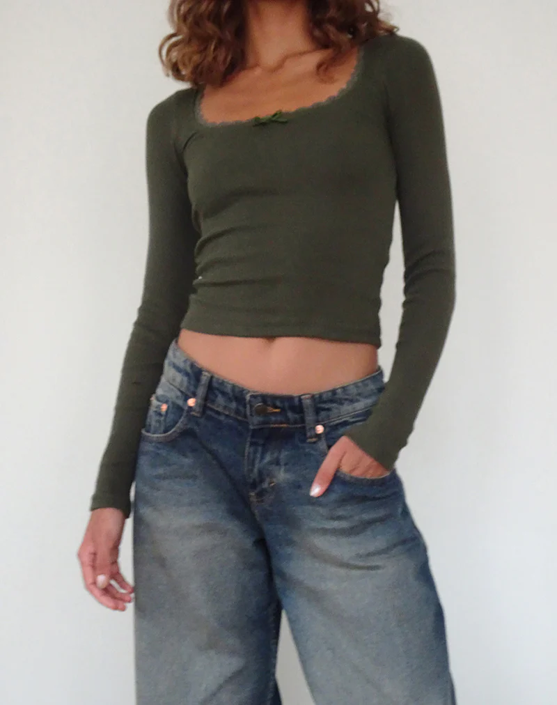Bovita Long Sleeve Ribbed Top in Olive - Image 3