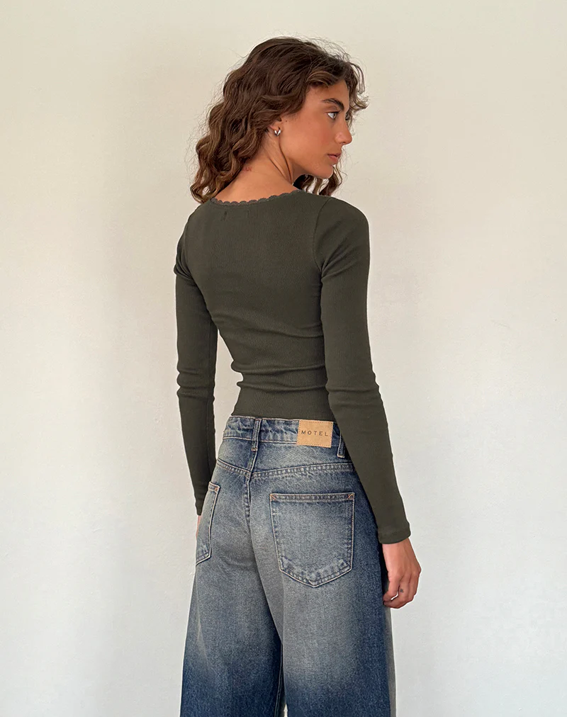 Bovita Long Sleeve Ribbed Top in Olive - Image 4