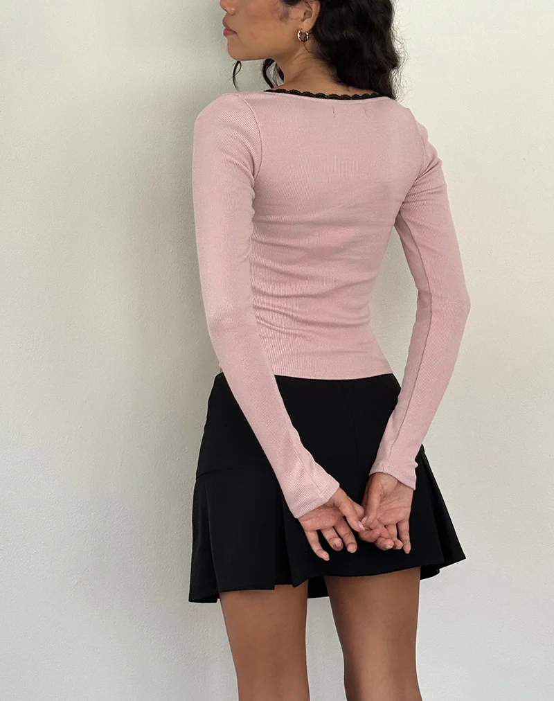 Bovita Long Sleeve Ribbed Top in Pink Lady with Black Lace - Image 3