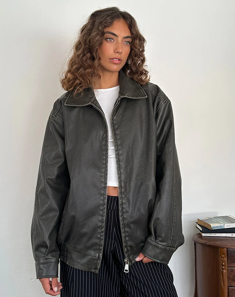 Cavita Distressed Jacket in PU Olive - Image 3