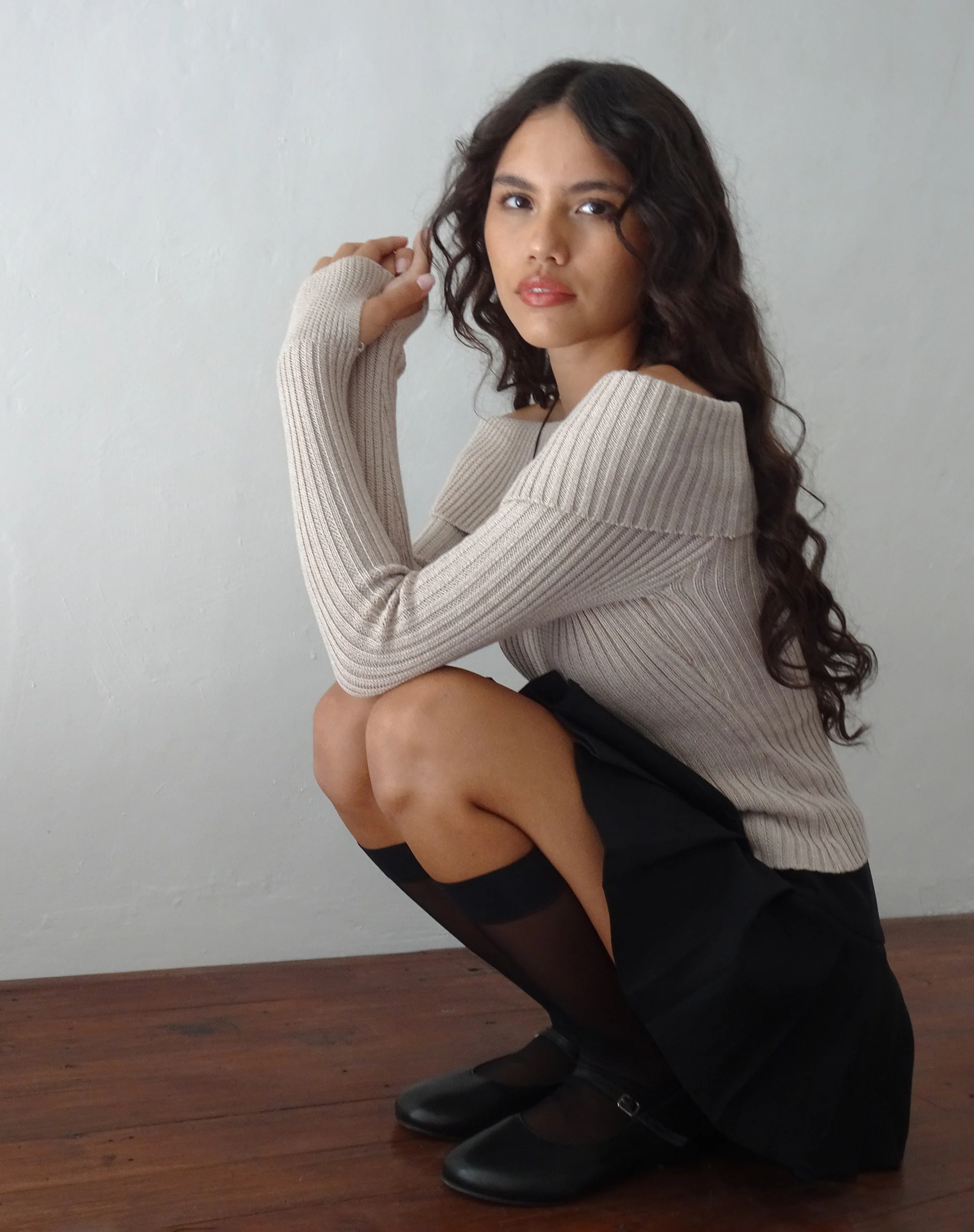 Circe Off-Shoulder Long Sleeve Knit Top in Natural - Image 4