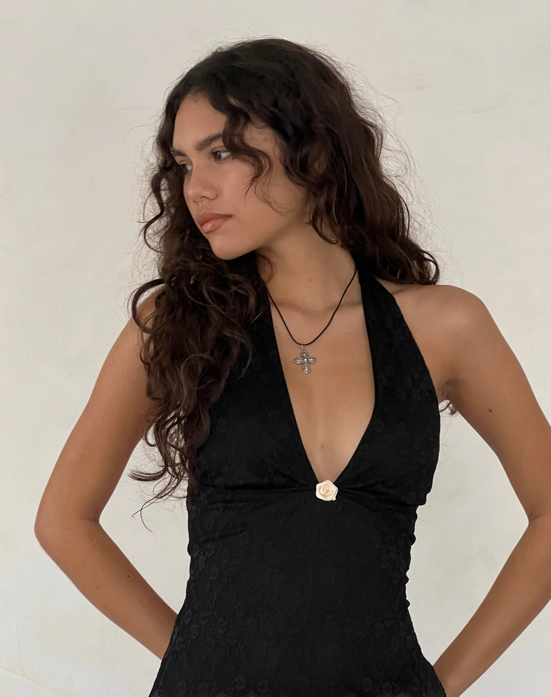 Codami Halterneck Mini Dress in Lace Black - Image 3