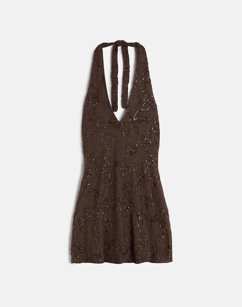 Codami Halterneck Mini Dress in Sequin Knit Dark Brown - Image 6