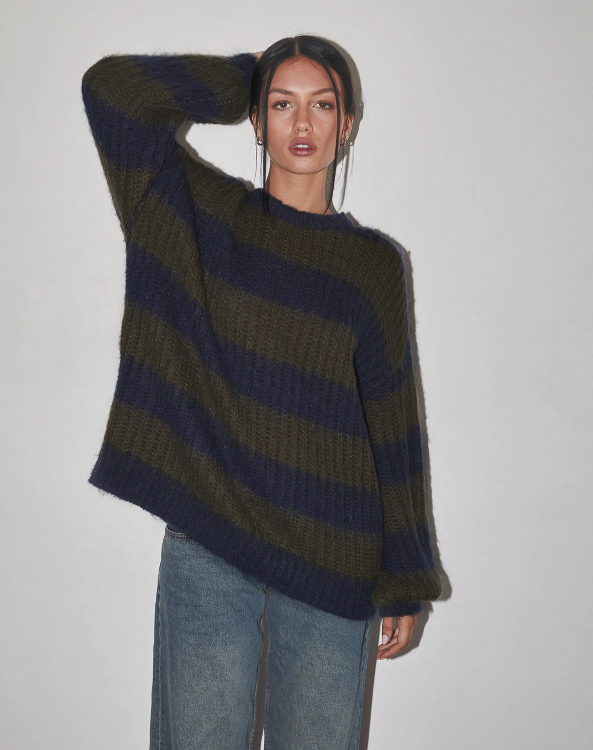 Daren Knitted Oversized Jumper in Khaki and Navy Blue Stripe - Image 3