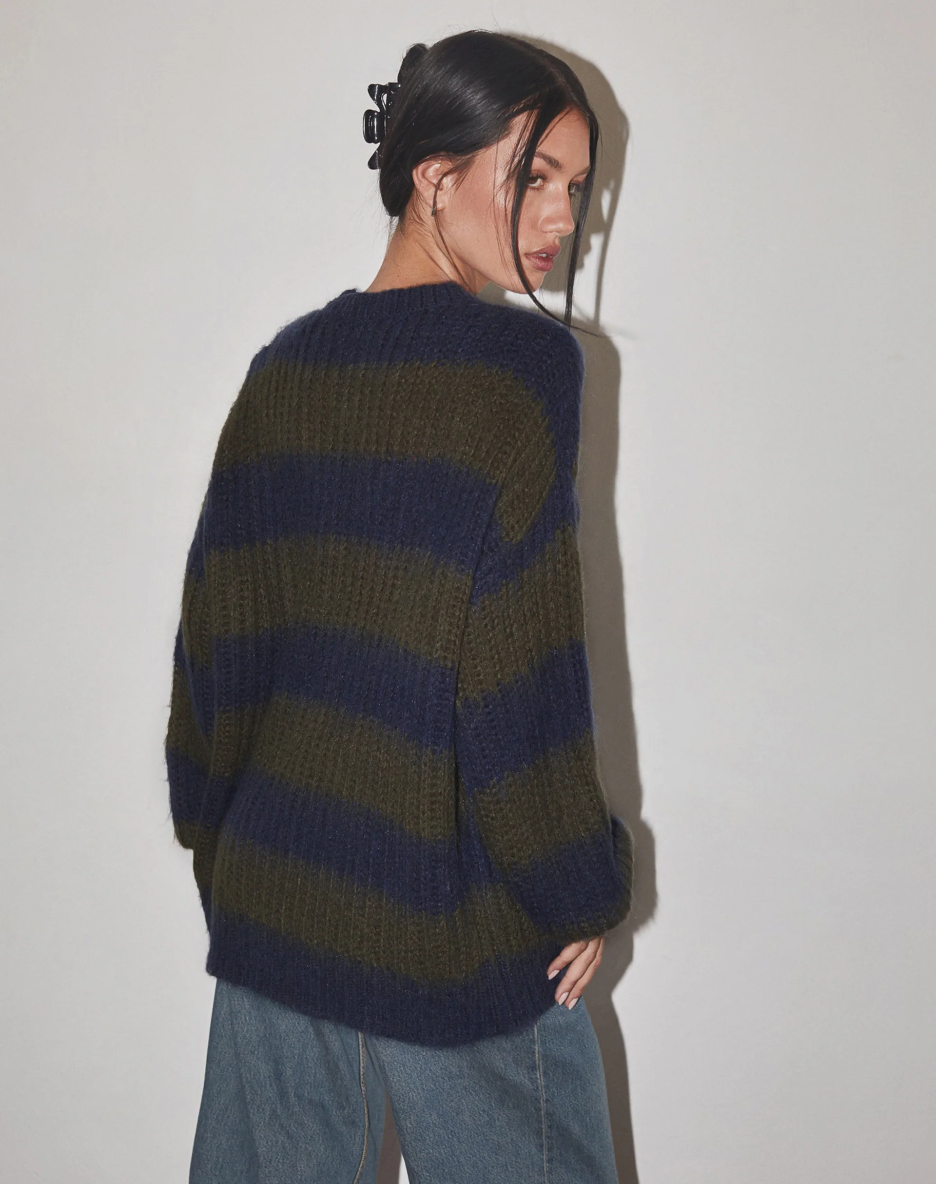 Daren Knitted Oversized Jumper in Khaki and Navy Blue Stripe - Image 4