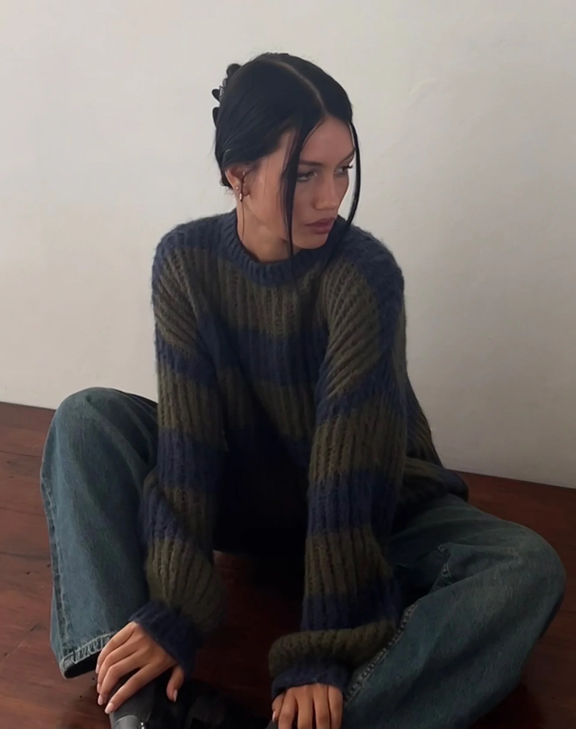 Daren Knitted Oversized Jumper in Khaki and Navy Blue Stripe - Image 5