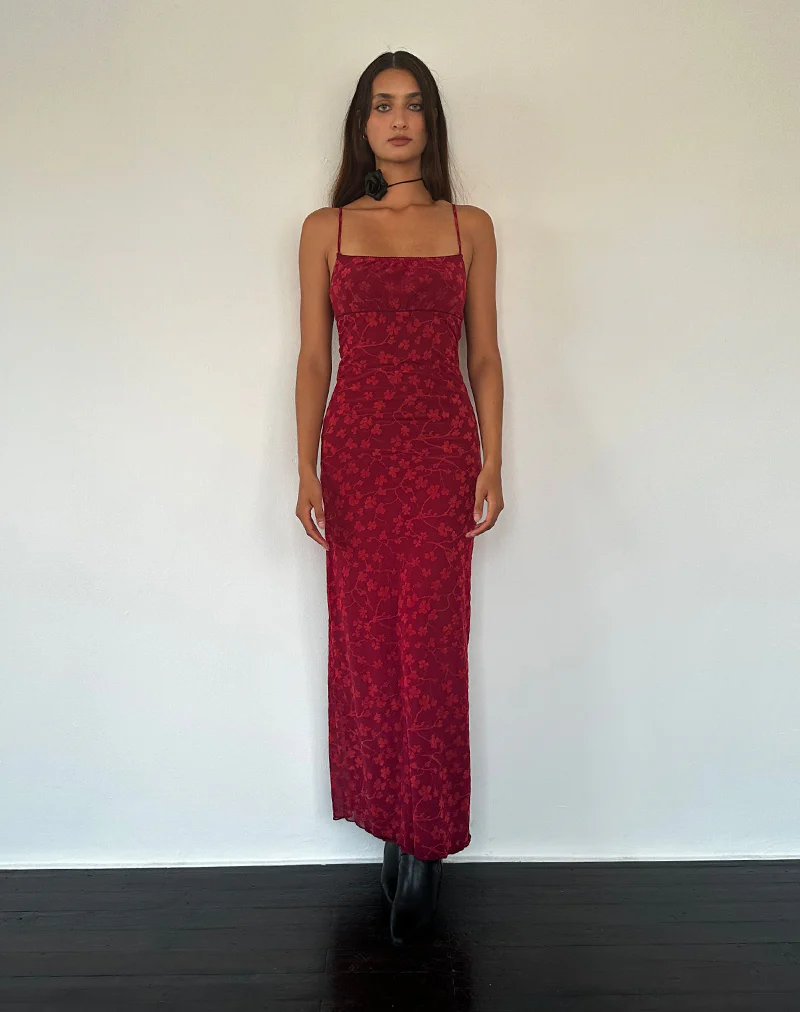 Darsih Cami Maxi Dress Red Grunge Floral Flock - Image 3