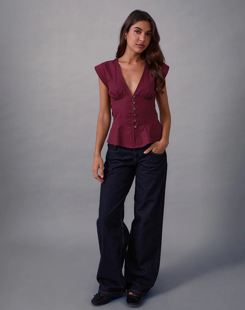 Devlin V Neck Blouse in Poplin Burgundy - Image 3