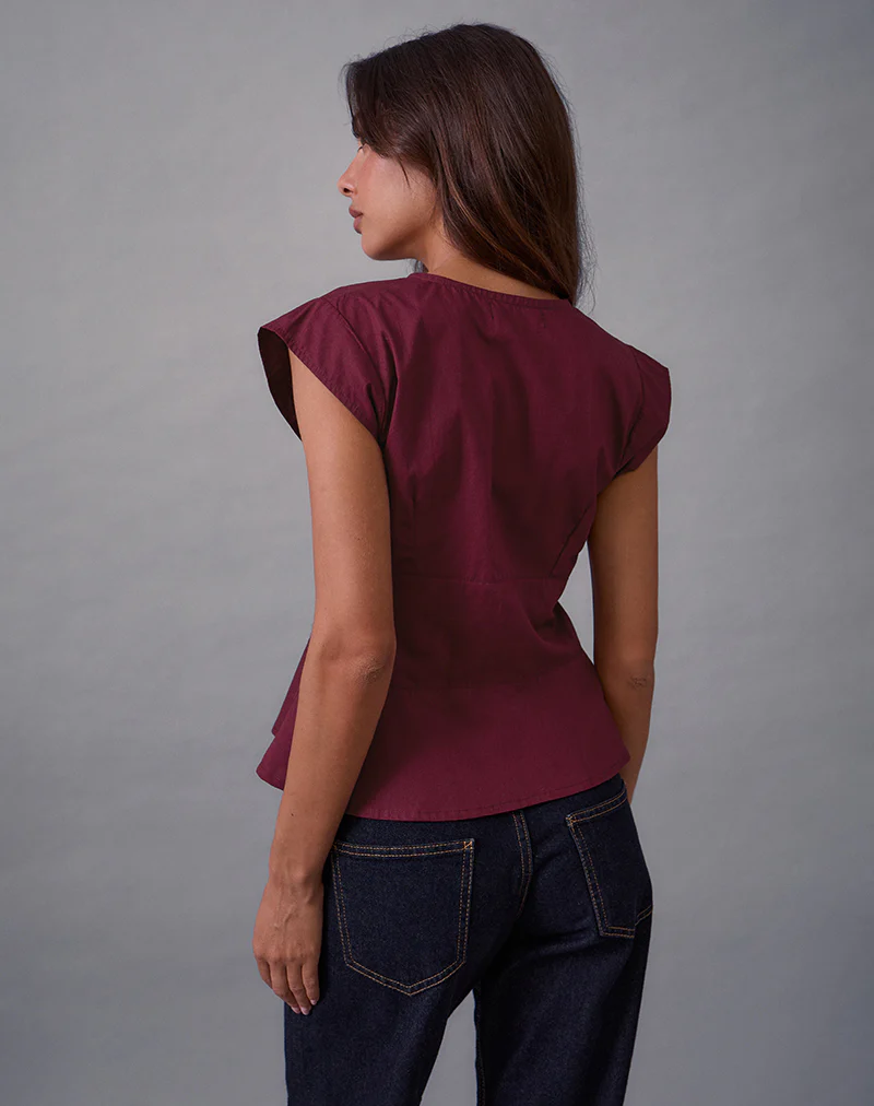 Devlin V Neck Blouse in Poplin Burgundy - Image 4