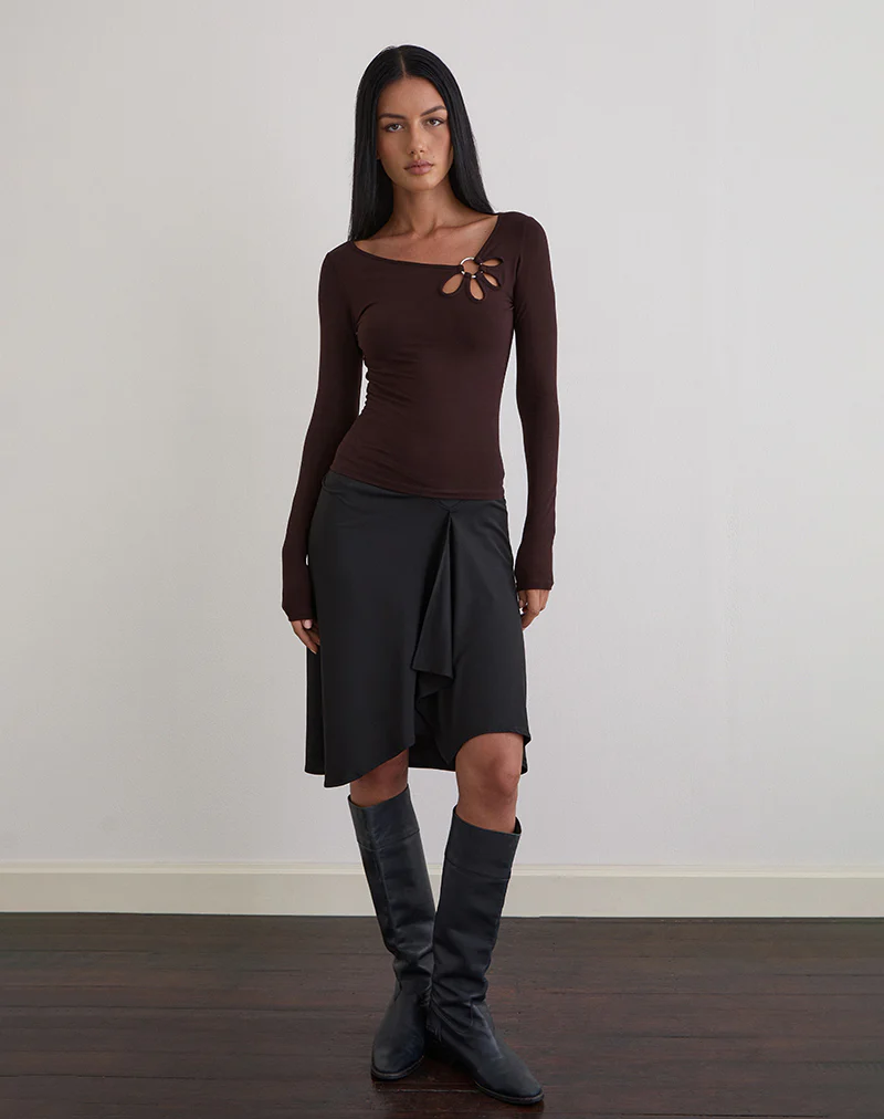 Donela Long Sleeve Top with Flower Ring in Bitter Chocolate - Image 3
