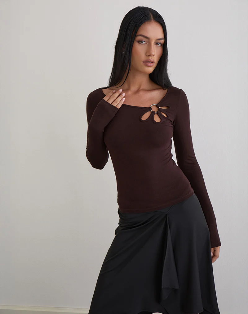 Donela Long Sleeve Top with Flower Ring in Bitter Chocolate - Image 4