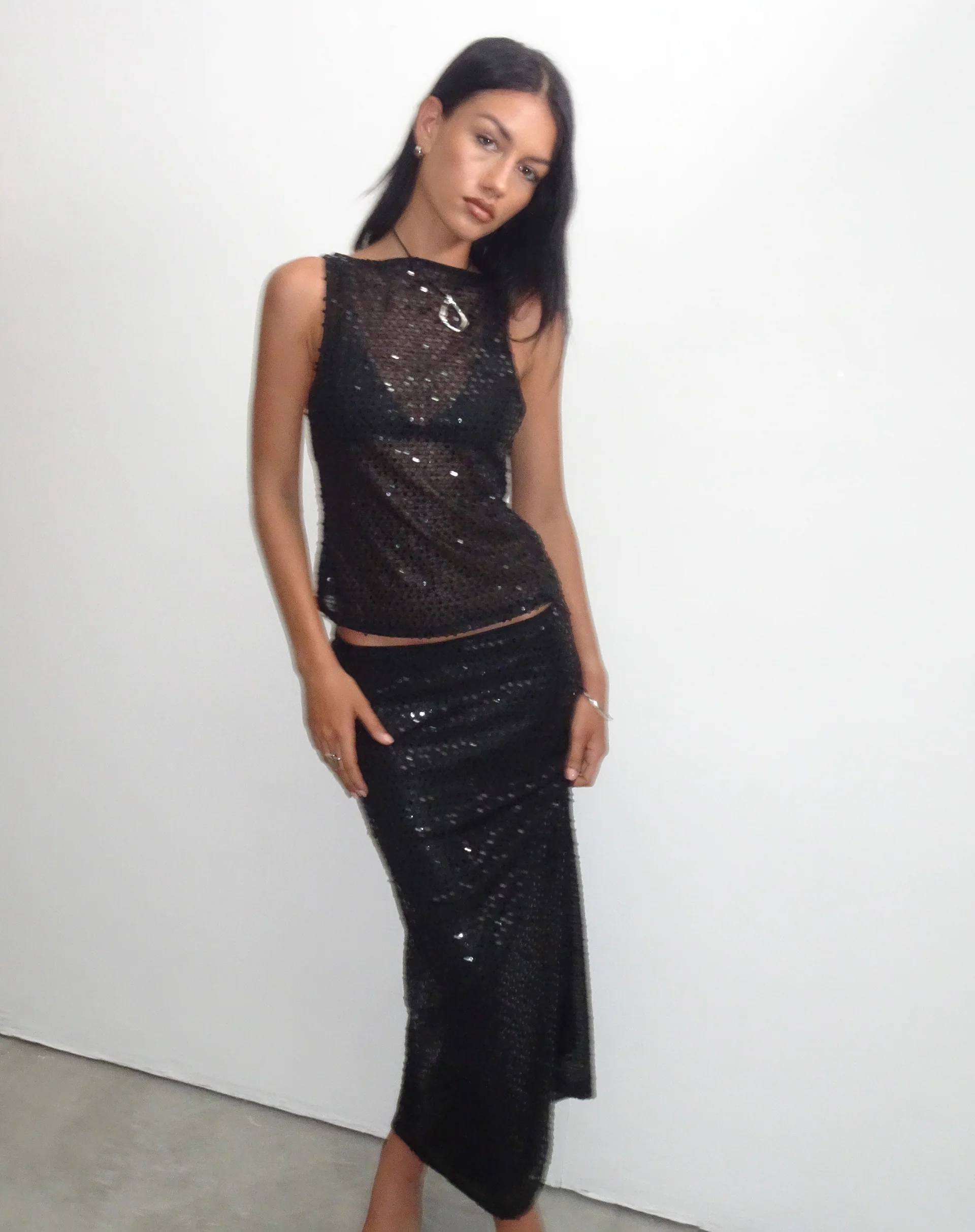 Dudley Vest Top in Sequin Knit Black - Image 3