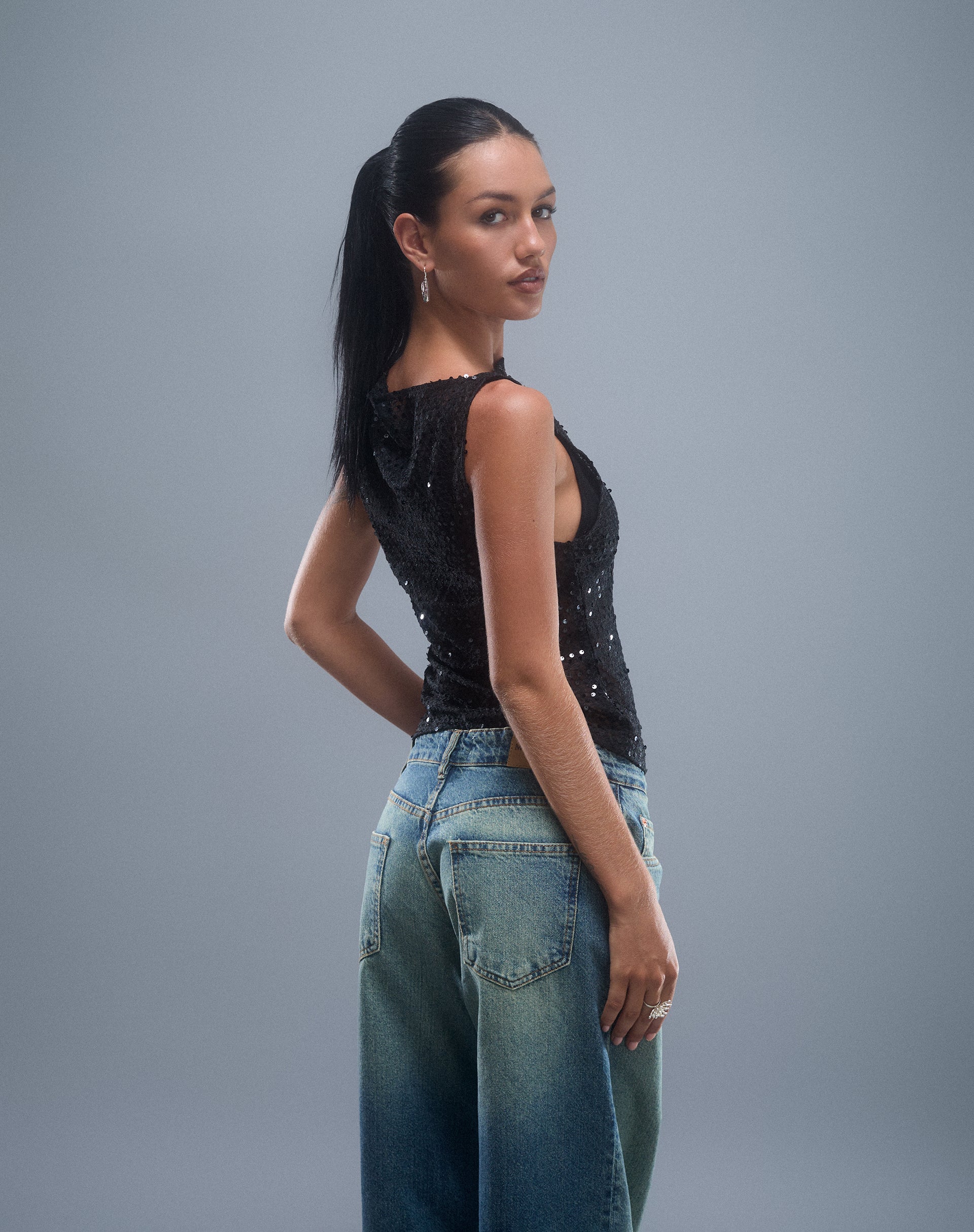 Dudley Vest Top in Sequin Knit Black - Image 5