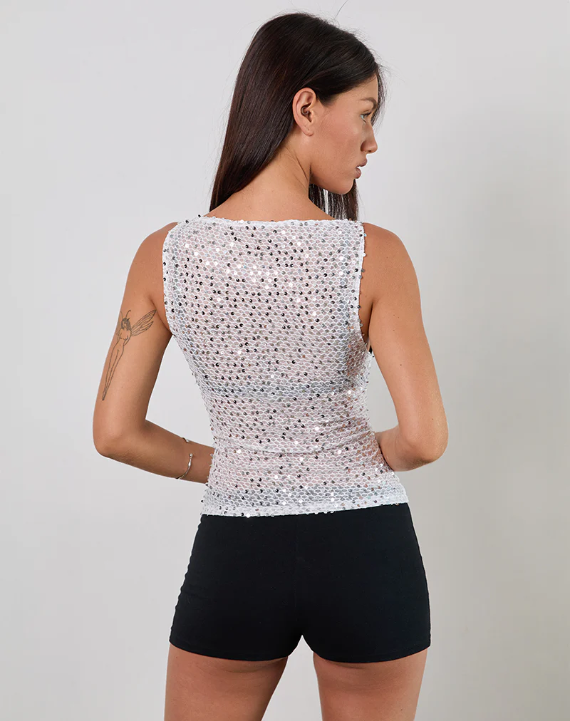 Dudley Vest Top in Sequin Knit Silver - Image 4