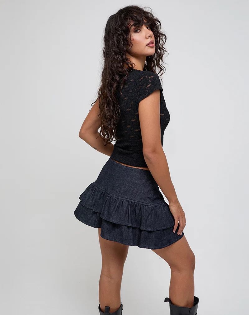 Elysa Frill Mini Skirt in Dark Indigo Denim - Image 4