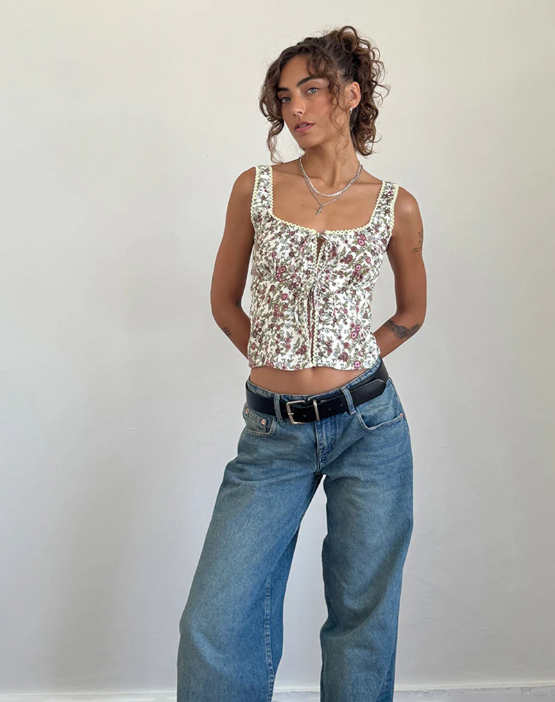 Esau Tie Front Top in Vintage Bloom Ivory - Image 4