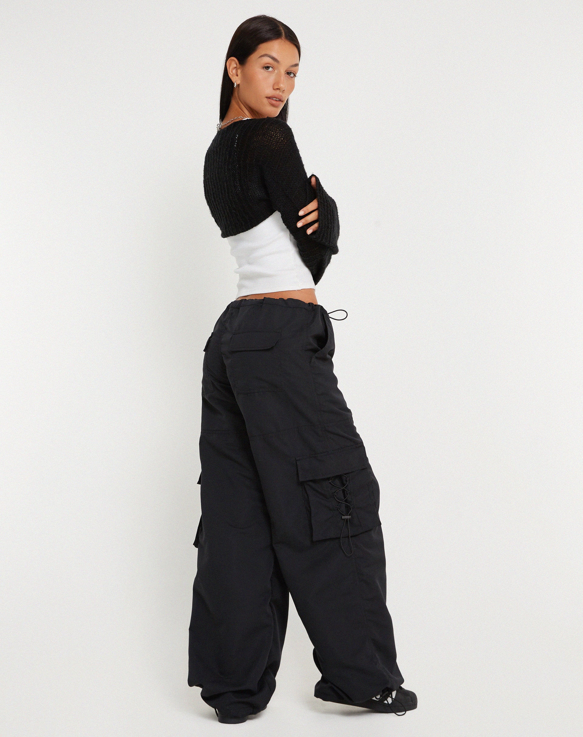 Fabio Wide Leg Cargo Trousers in Black - Image 4