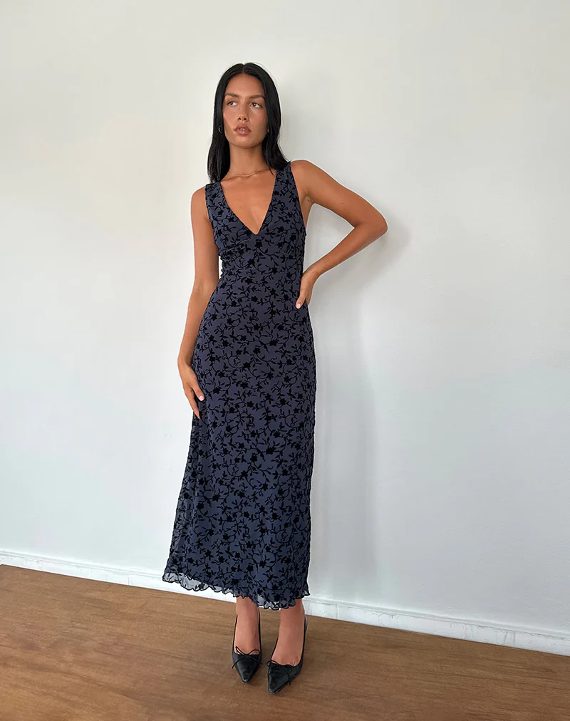 Gabriela Midi Dress in Flocked Petal Navy - Image 4