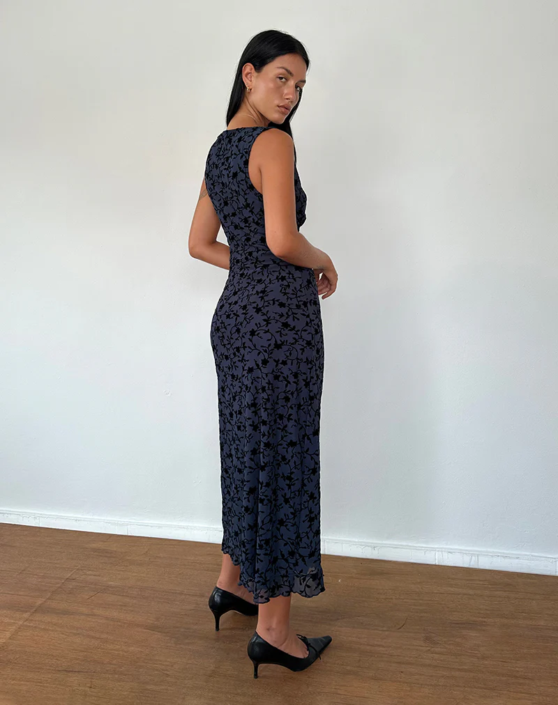 Gabriela Midi Dress in Flocked Petal Navy - Image 5