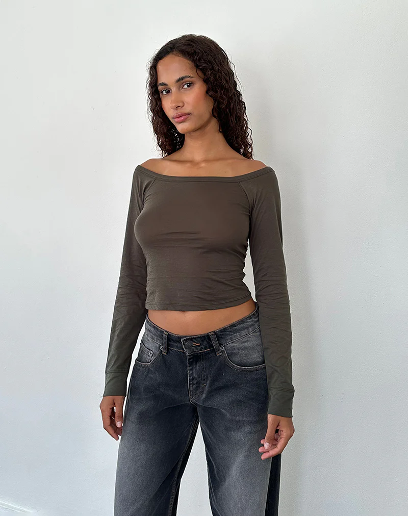 Gavya Long Sleeve Bardot Top in Olive Jersey - Image 3
