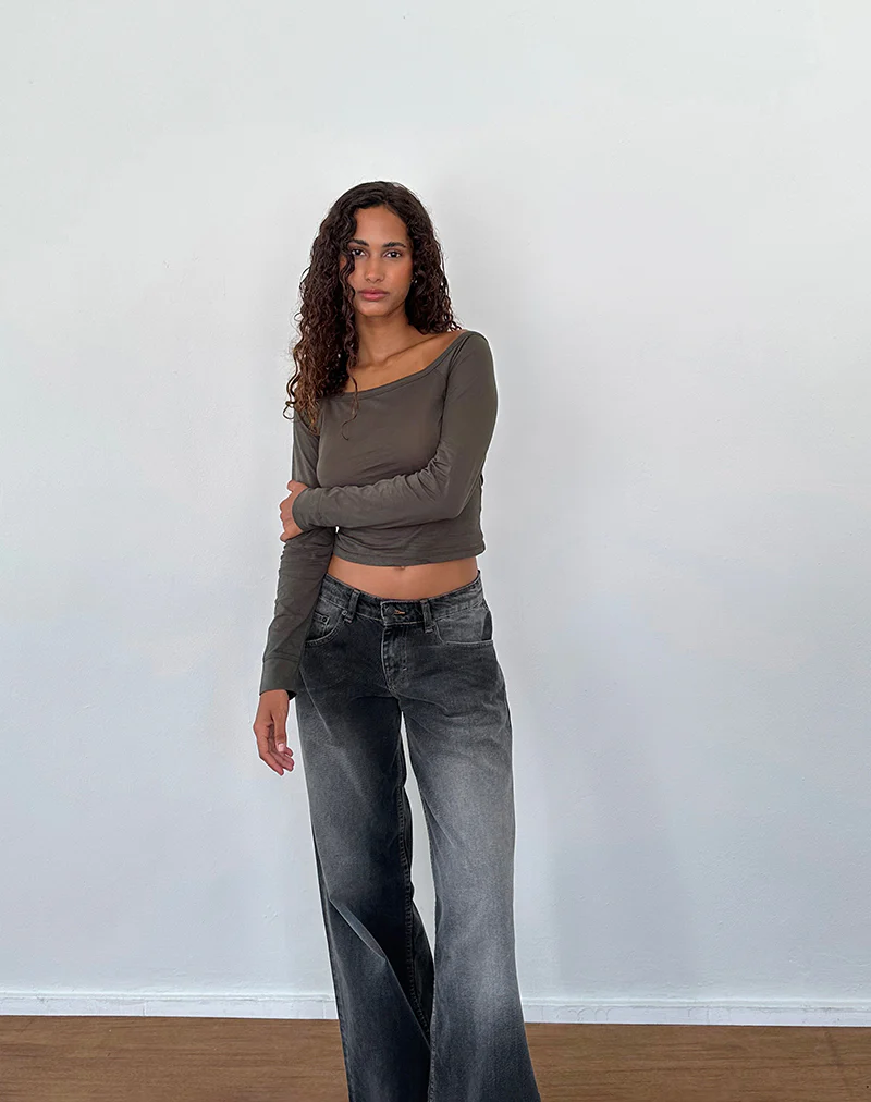 Gavya Long Sleeve Bardot Top in Olive Jersey - Image 5