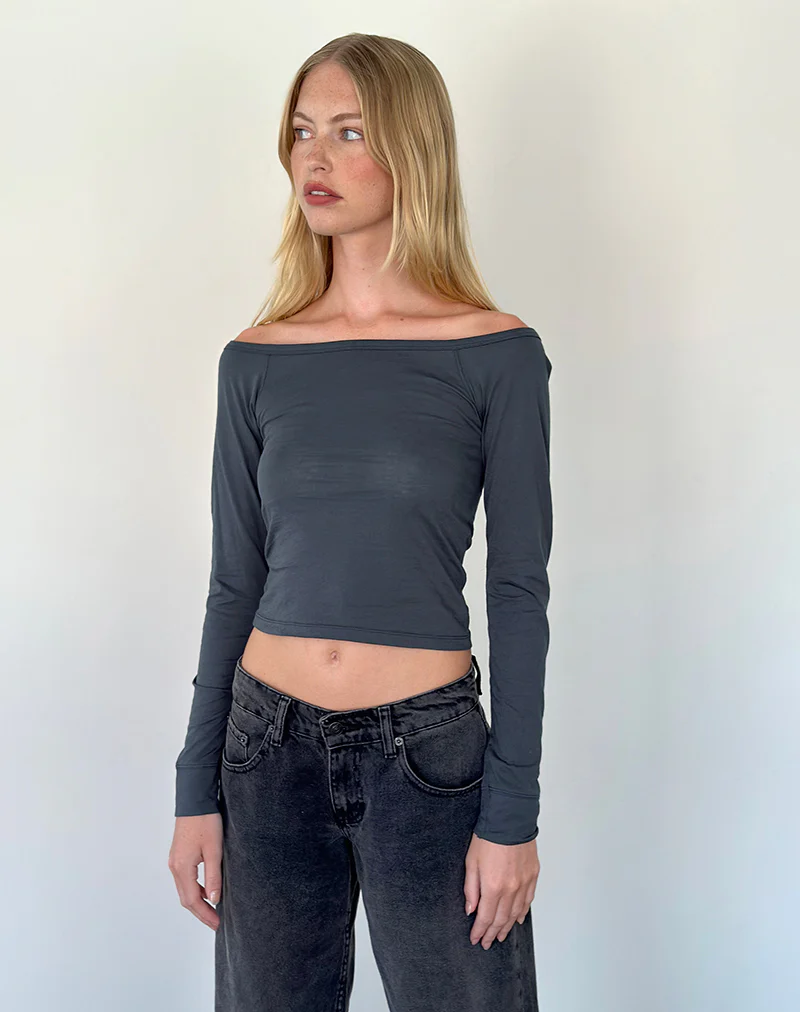 Gavya Long Sleeve Bardot Top in Ocean Storm Jersey - Image 3
