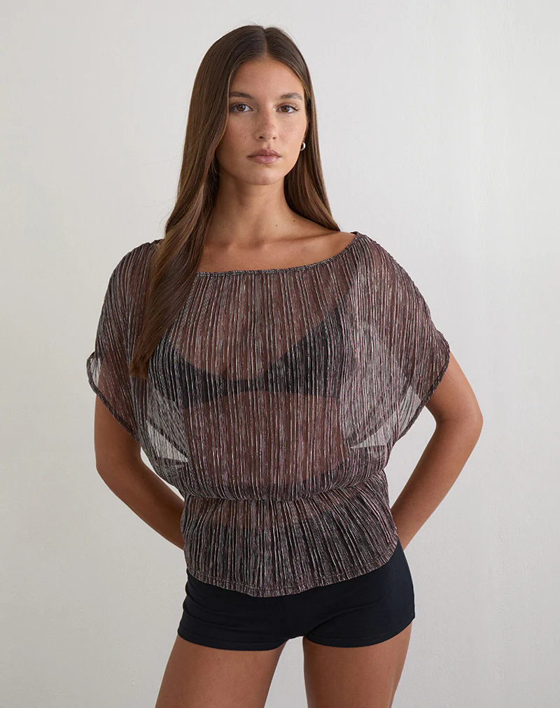 Hayba Drape Top in Plisse Brown - Image 4