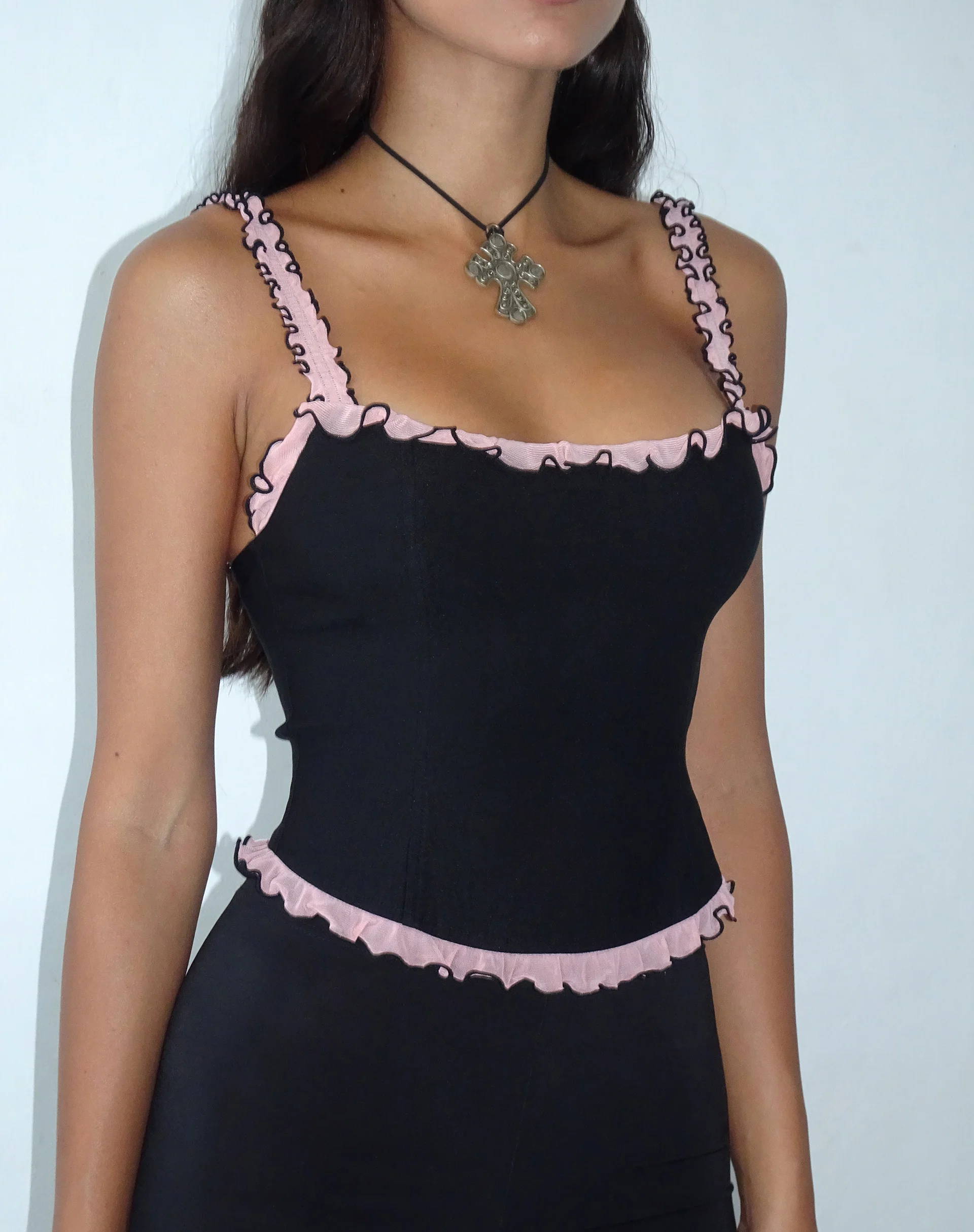 Idalia Corset Top in Black with Pink Mesh Ruffle - Image 3