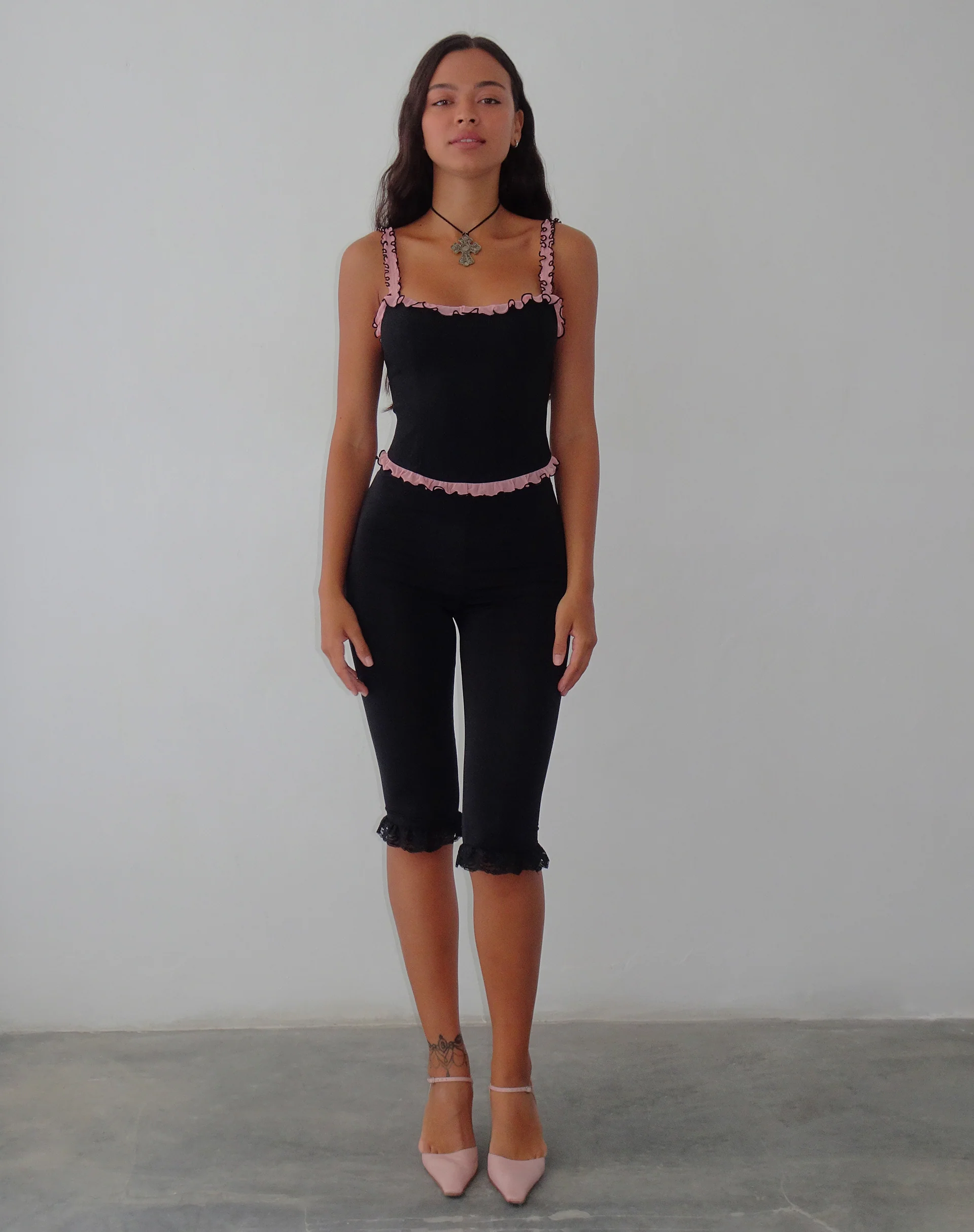Idalia Corset Top in Black with Pink Mesh Ruffle - Image 4