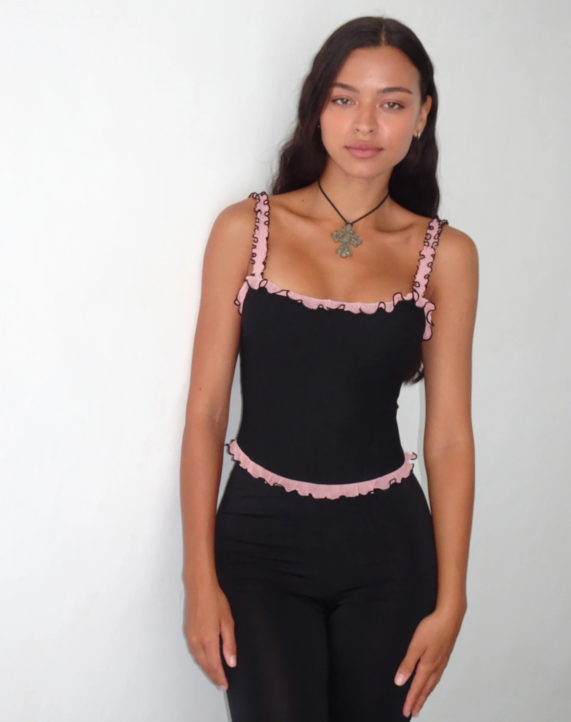 Idalia Corset Top in Black with Pink Mesh Ruffle - Image 5