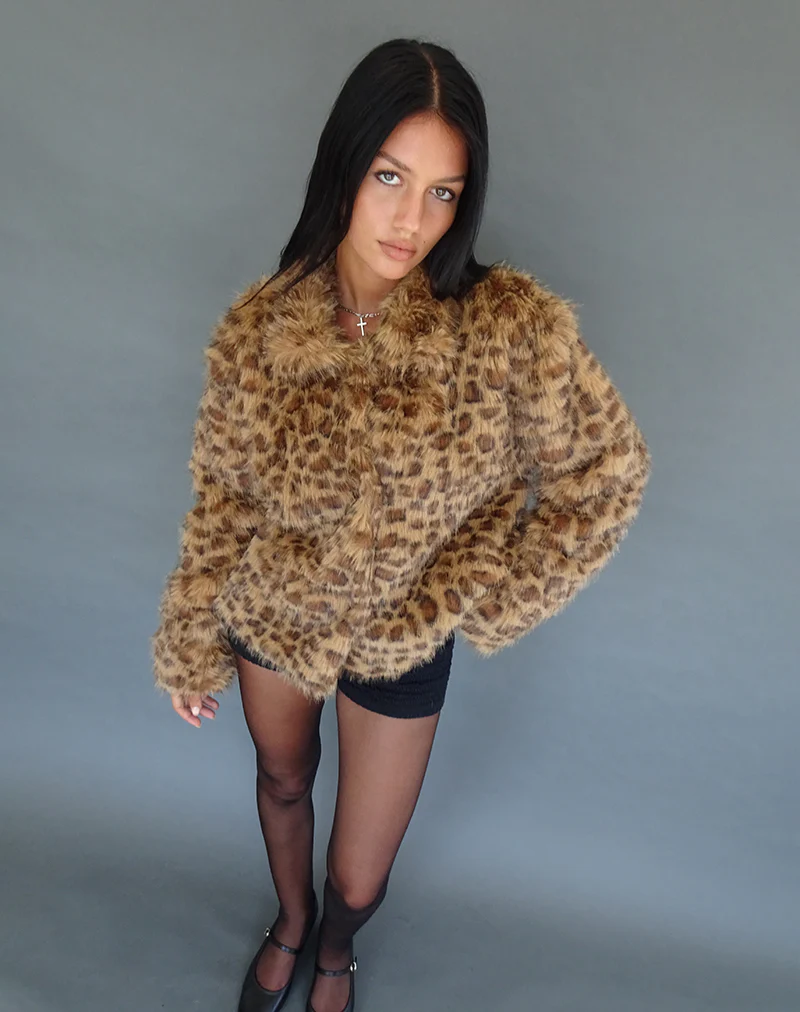 Joji Crop Faux Fur Jacket in Brown Leopard - Image 3