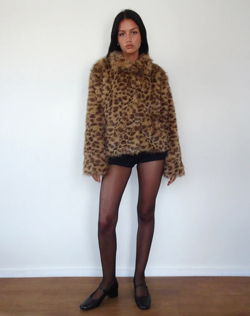 Joji Crop Faux Fur Jacket in Brown Leopard - Image 5