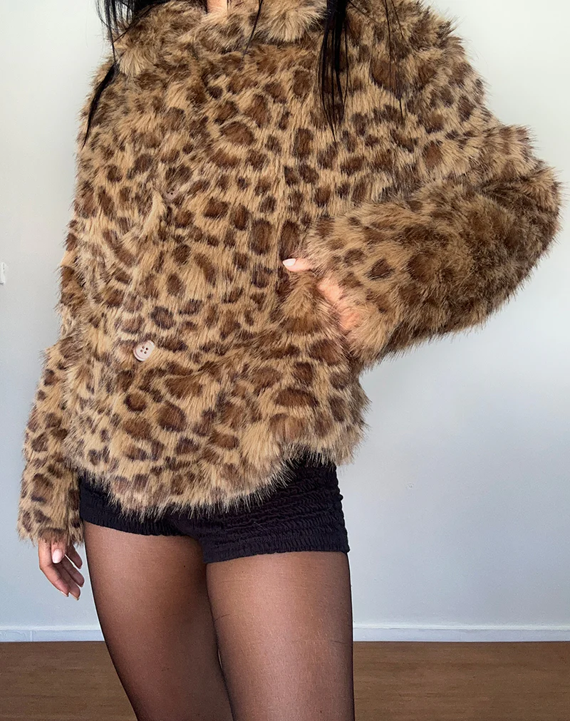 Joji Crop Faux Fur Jacket in Brown Leopard - Image 6