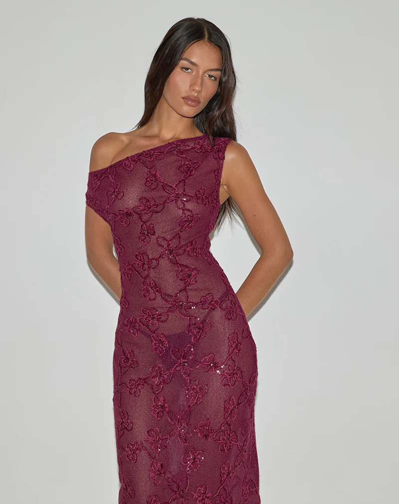 Kaido Midi Dress in Sequin Knit Burgundy - Image 3
