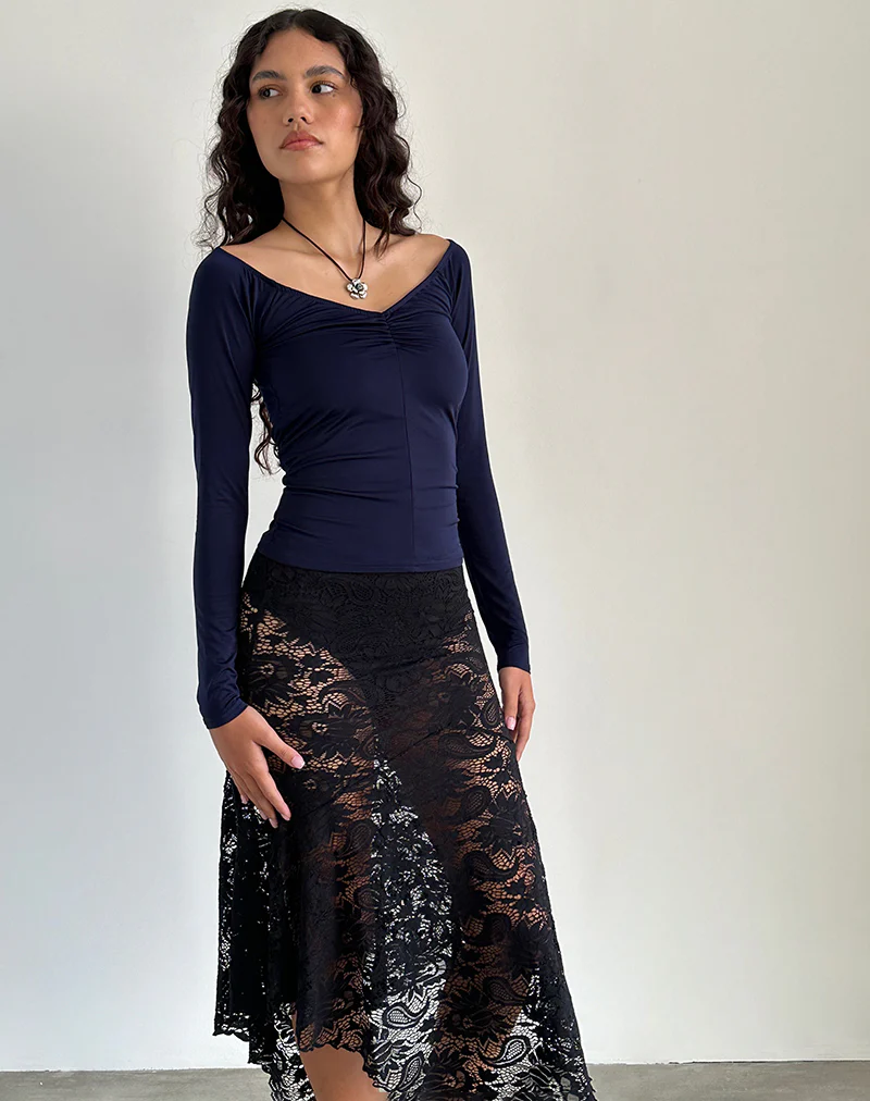 Kaisley Ruched Front Long Sleeve Top in Navy - Image 4