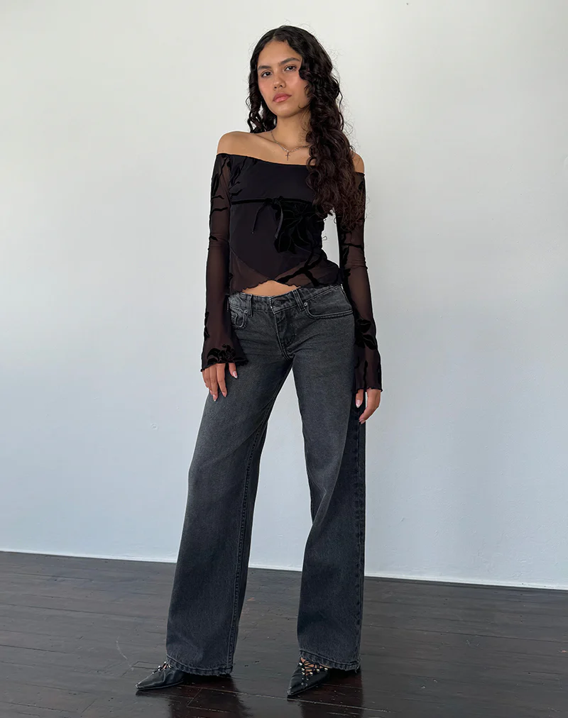 Kareena Long Sleeve Bardot Top in Orchid Flock Black - Image 3