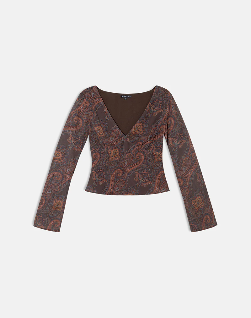 Karilo Long Sleeve Top in Chiffon Royal Paisley Burgundy - Image 4