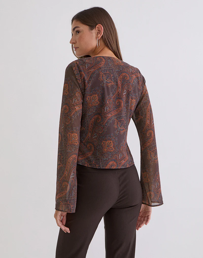 Karilo Long Sleeve Top in Chiffon Royal Paisley Burgundy - Image 5