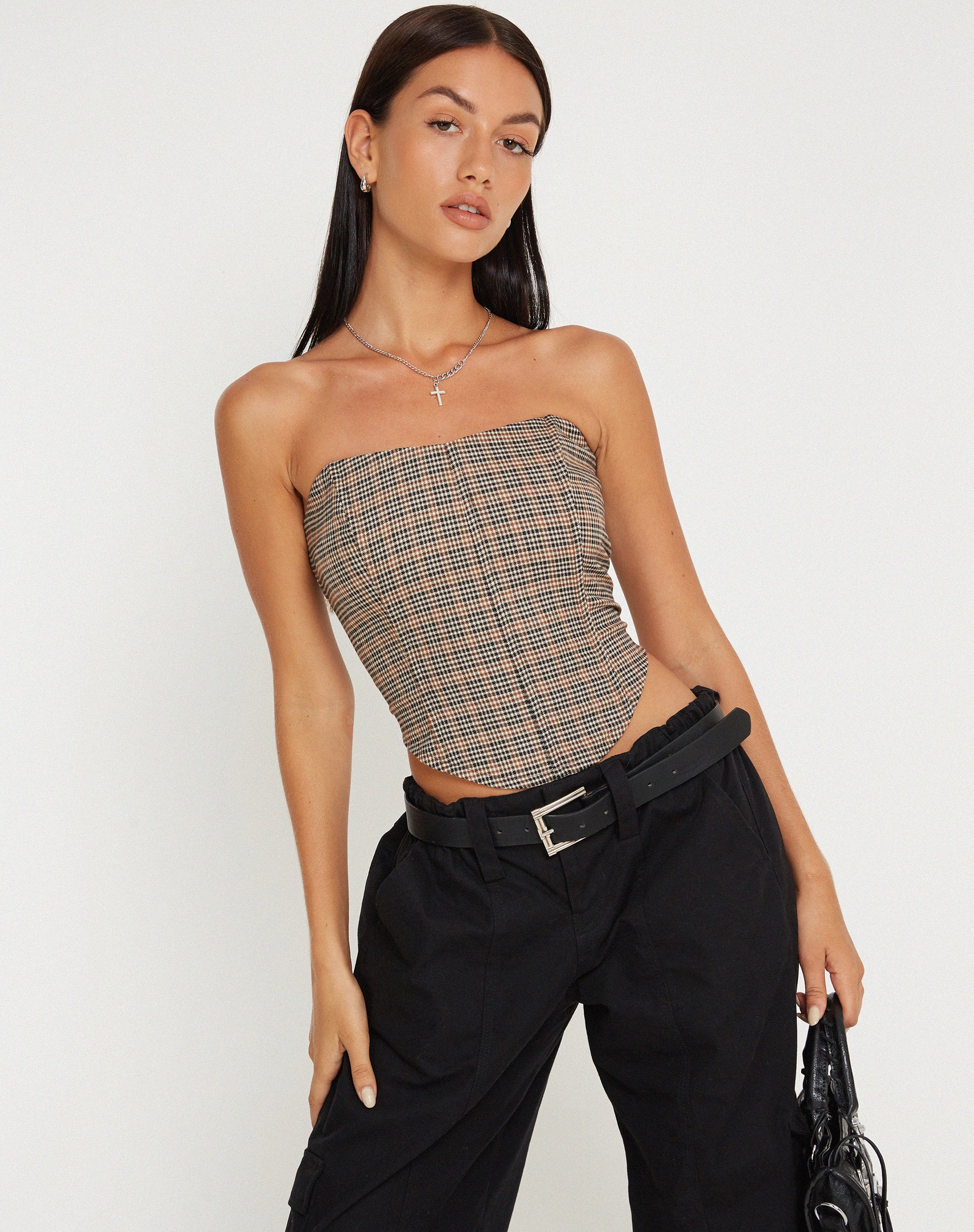 Kayashi Corset Top in Micro Brown Check - Image 5
