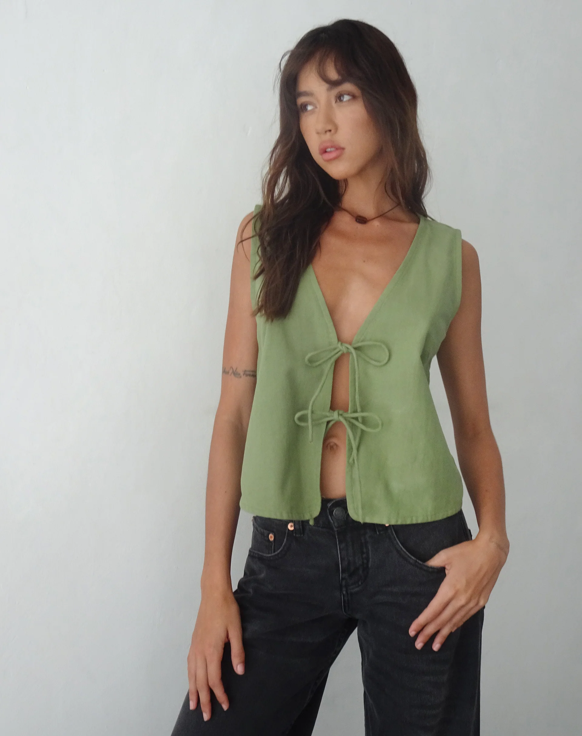 Kayve Tie Front Top in Dark Sage - Image 6