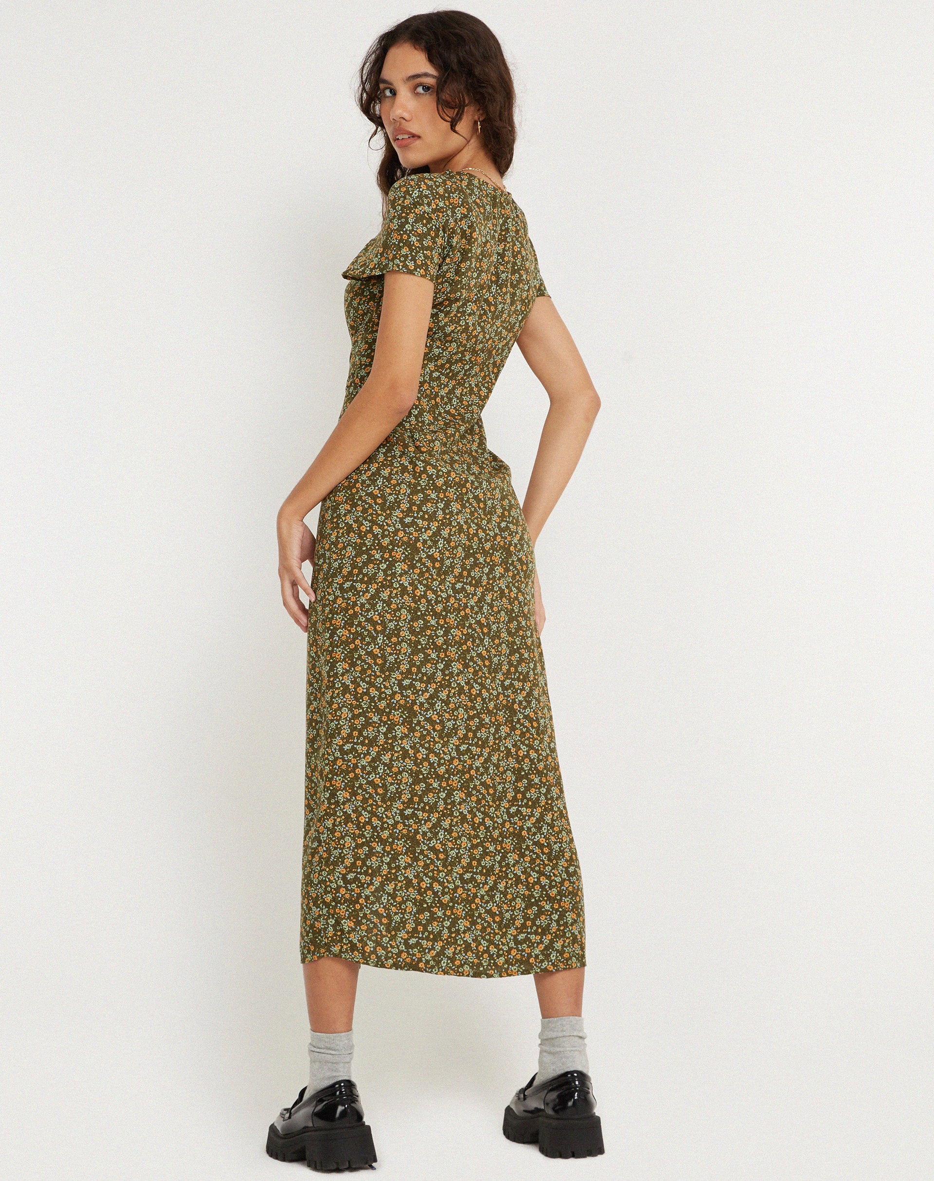 Larin Midi Dress in Grungey Floral Khaki - Image 3