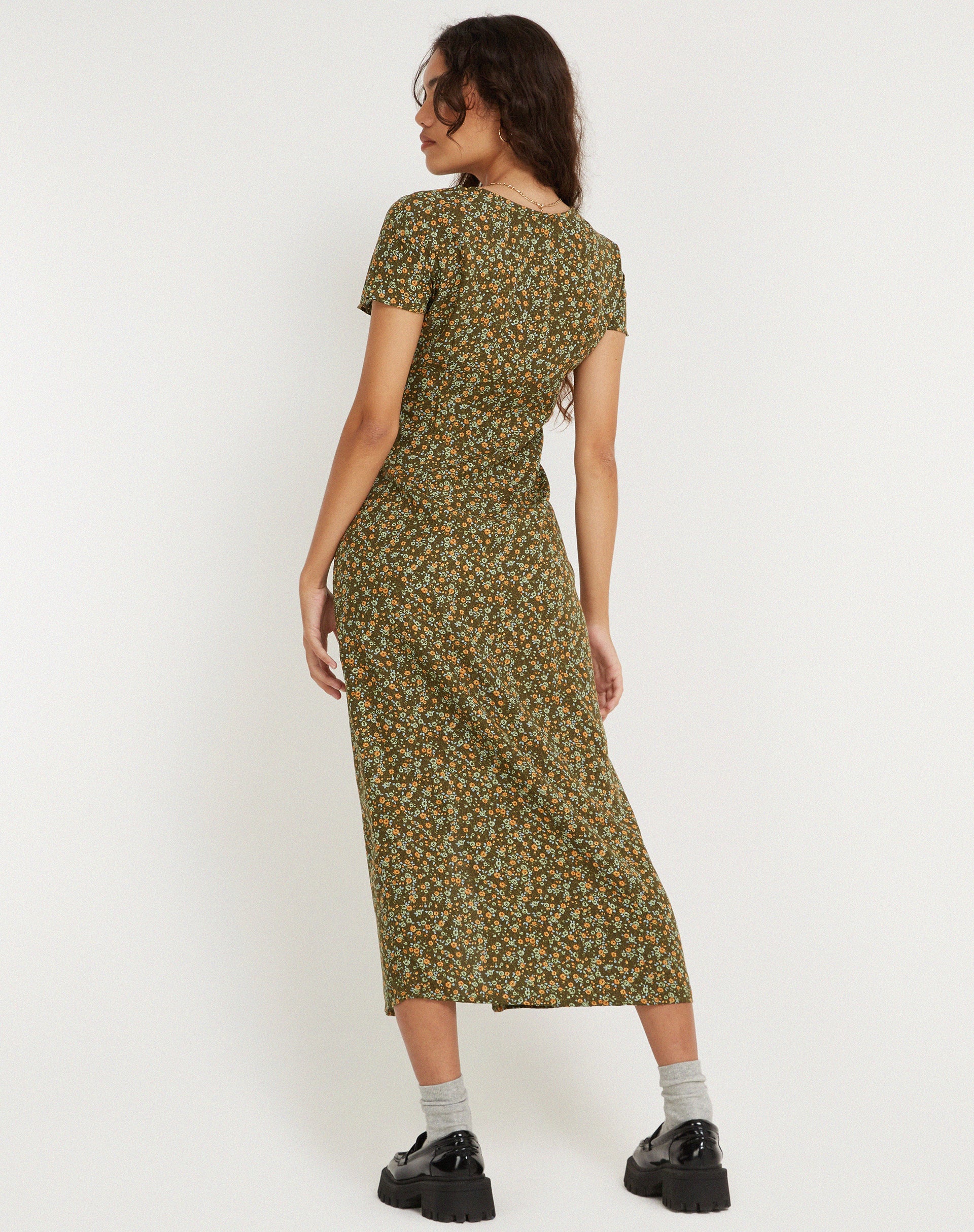 Larin Midi Dress in Grungey Floral Khaki - Image 4