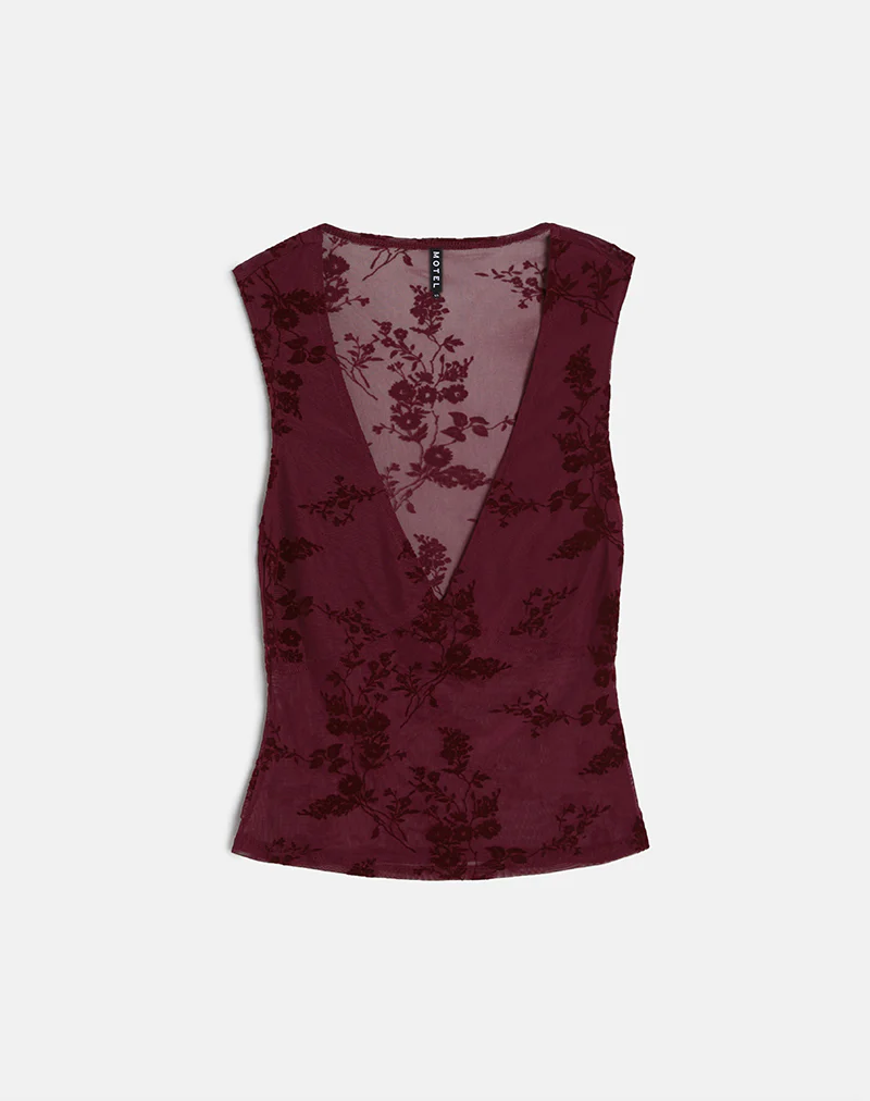 Lihat Top in Botanical Flock Flower Maroon - Image 5