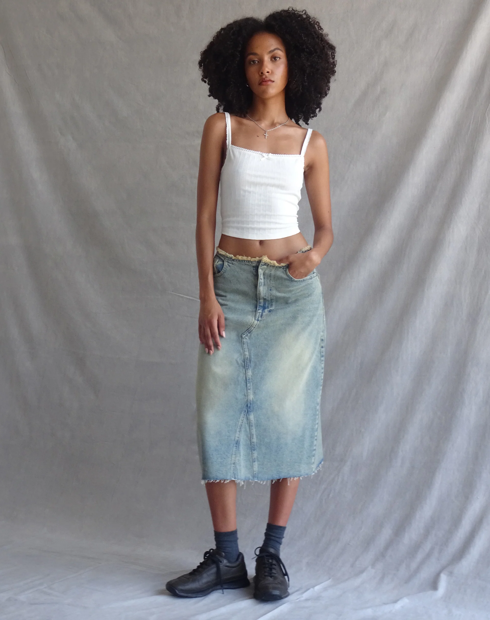 Low Rise Denim Midi Skirt in Light Blue Sand - Image 4